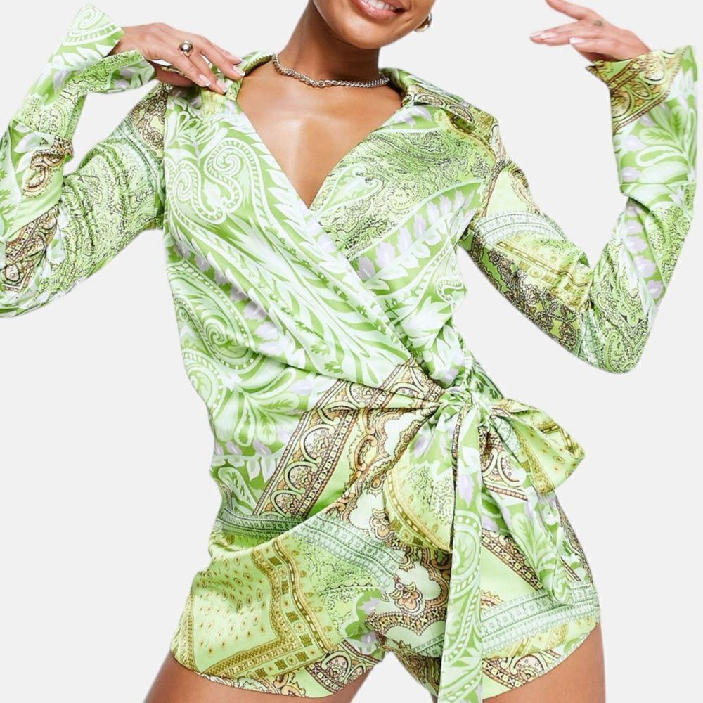 ASOS DESIGN EUC heavy satin wrap knot front romper in Paisley print Size 12 - Picture 2 of 10
